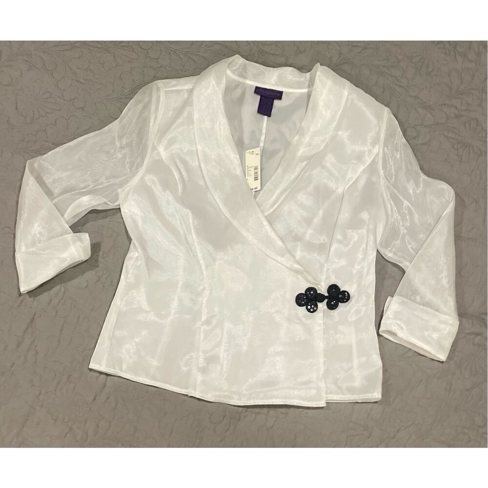 Metaphor White Sheer Shiny Large Collar V Neck Blouse New